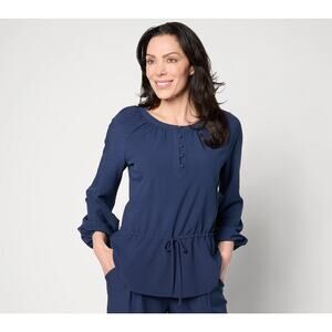 BEAUTIFUL by Lawrence Zarian Women's Peasant Top 1X Navy Blue Drawstring Waist